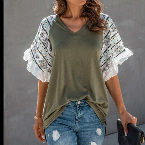 V Neck Ruffle Short Sleeve Solid Top - FabBossBabe