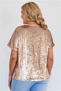 Plus Size Rose Gold Short Sleeve Sequin Top - FabBossBabe