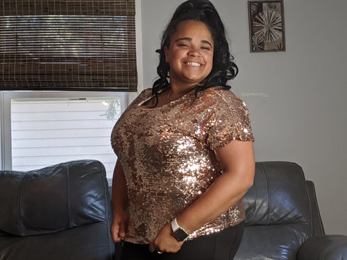 Plus Size Rose Gold Short Sleeve Sequin Top - FabBossBabe