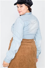 Load image into Gallery viewer, Plus Size Light Wash Denim Button Down Long Sleeve Top - FabBossBabe
