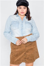 Load image into Gallery viewer, Plus Size Light Wash Denim Button Down Long Sleeve Top - FabBossBabe
