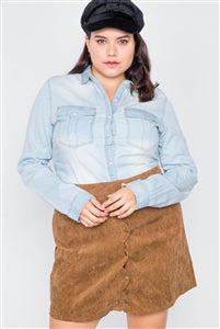 Plus Size Light Wash Denim Button Down Long Sleeve Top - FabBossBabe