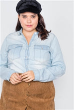 Load image into Gallery viewer, Plus Size Light Wash Denim Button Down Long Sleeve Top - FabBossBabe
