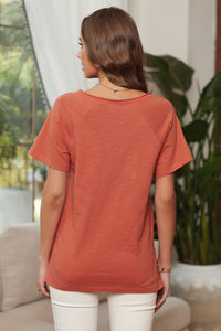 Orange V Neck Short Sleeves Cotton Blend Tee - FabBossBabe