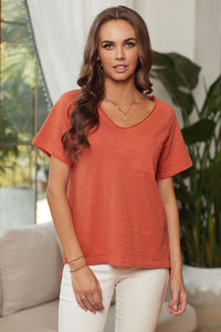 Orange V Neck Short Sleeves Cotton Blend Tee - FabBossBabe