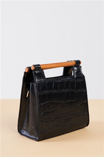 Black Vegan Alligator Mini Handbag With Bamboo Trim - FabBossBabe