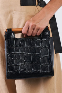 Black Vegan Alligator Mini Handbag With Bamboo Trim - FabBossBabe