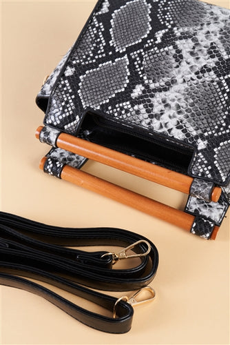 Black And White Vegan Python Snake Print Mini Handbag With Bamboo Trim - FabBossBabe
