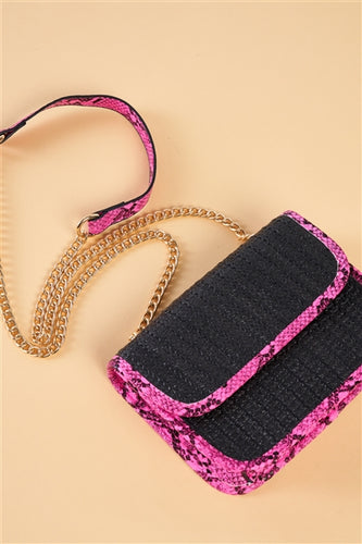 Black Textured Rectangle Shoulder Bag Hot Pink Python Trim - FabBossBabe