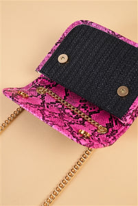 Black Textured Rectangle Shoulder Bag Hot Pink Python Trim - FabBossBabe