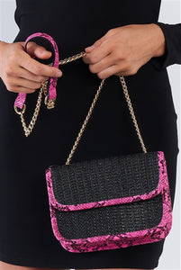 Black Textured Rectangle Shoulder Bag Hot Pink Python Trim - FabBossBabe