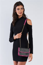 Load image into Gallery viewer, Black Textured Rectangle Shoulder Bag Hot Pink Python Trim - FabBossBabe
