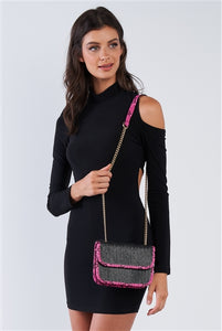 Black Textured Rectangle Shoulder Bag Hot Pink Python Trim - FabBossBabe