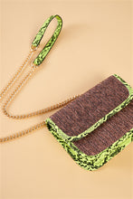 Load image into Gallery viewer, Khaki Textured Rectangle Shoulder Bag Lime Green Python Trim - FabBossBabe
