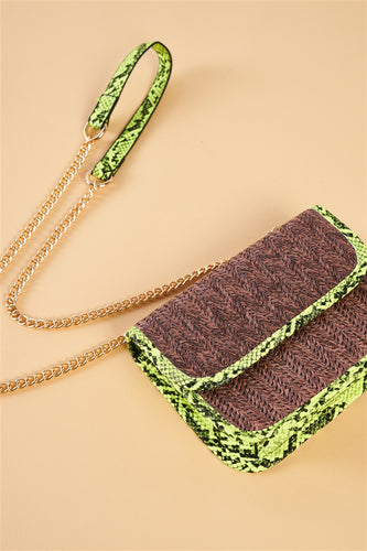 Khaki Textured Rectangle Shoulder Bag Lime Green Python Trim - FabBossBabe