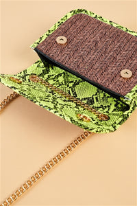 Khaki Textured Rectangle Shoulder Bag Lime Green Python Trim - FabBossBabe