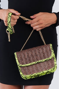 Khaki Textured Rectangle Shoulder Bag Lime Green Python Trim - FabBossBabe