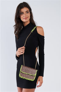 Khaki Textured Rectangle Shoulder Bag Lime Green Python Trim - FabBossBabe