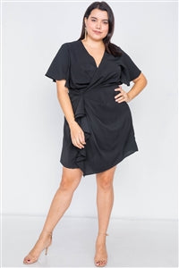 Plus Size Short Kimono Sleeve Satin V-Neck Mini Dress - FabBossBabe