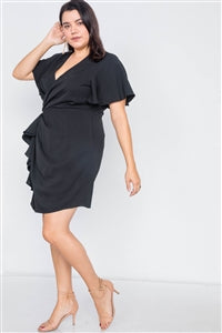 Plus Size Short Kimono Sleeve Satin V-Neck Mini Dress - FabBossBabe