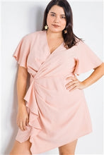 Load image into Gallery viewer, Plus Size Short Kimono Sleeve Satin V-Neck Mini Dress - FabBossBabe
