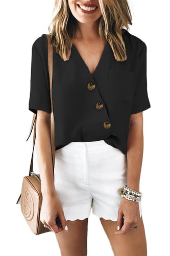 V Neck Button Down Short Sleeve Top - FabBossBabe