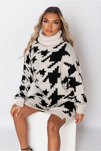 Beige Black Check Roll Neck Sweater Dress - FabBossBabe