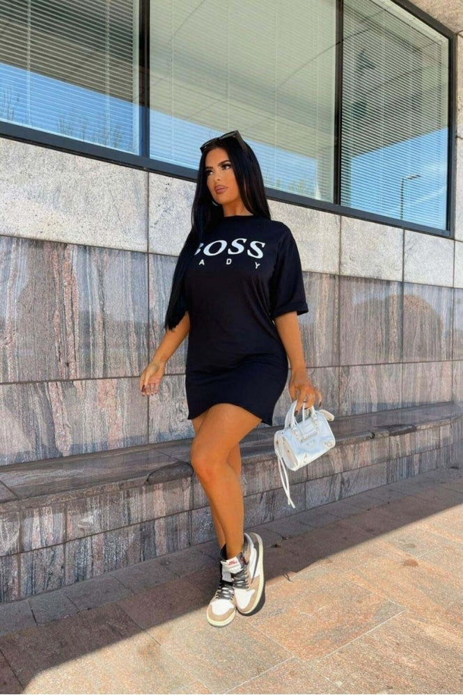 Black Boss Lady Slogan T Shirt Dress - FabBossBabe