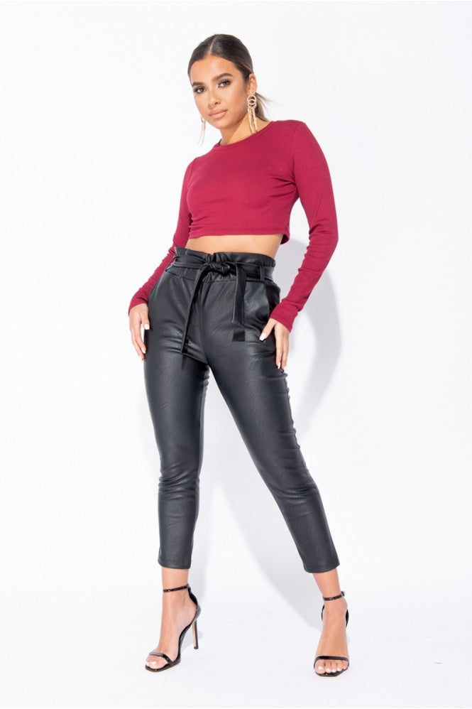Mia Black Faux Leather Waist Belted Tapered Leg Trouser - FabBossBabe