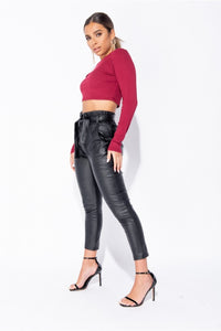 Mia Black Faux Leather Waist Belted Tapered Leg Trouser - FabBossBabe