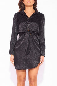 Brandy Leopard Satin Long Sleeve Tie Waist Shirt Dress - FabBossBabe