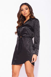 Brandy Leopard Satin Long Sleeve Tie Waist Shirt Dress - FabBossBabe