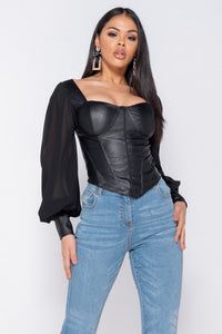 Black PU Corset Detail Top With Sheer Sleeves - FabBossBabe