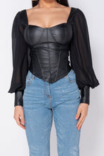 Load image into Gallery viewer, Black PU Corset Detail Top With Sheer Sleeves - FabBossBabe
