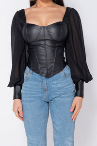 Black PU Corset Detail Top With Sheer Sleeves - FabBossBabe