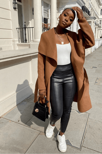 Michelle Brown Mid Length Oversized Belted Waterfall Coat - FabBossBabe