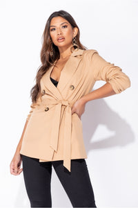 Camel Double Breasted Belted Fitted Blazer - FabBossBabe