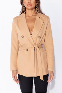 Camel Double Breasted Belted Fitted Blazer - FabBossBabe