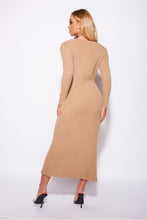 Load image into Gallery viewer, Camel Rib Knit V Neck Button Up Midi Cardigan Dress - FabBossBabe
