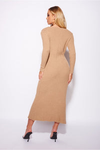 Camel Rib Knit V Neck Button Up Midi Cardigan Dress - FabBossBabe