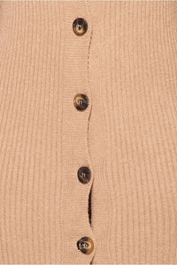Camel Rib Knit V Neck Button Up Midi Cardigan Dress - FabBossBabe
