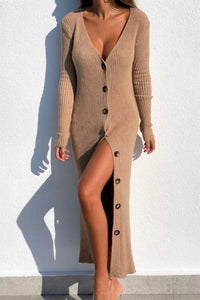 Camel Rib Knit V Neck Button Up Midi Cardigan Dress - FabBossBabe