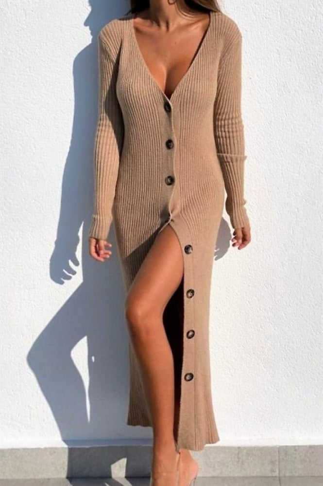 Camel Rib Knit V Neck Button Up Midi Cardigan Dress FabBossBabe