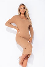 Load image into Gallery viewer, Rihanna Camel Long Sleeve Knitted Midi Dress - FabBossBabe
