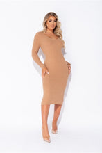 Load image into Gallery viewer, Rihanna Camel Long Sleeve Knitted Midi Dress - FabBossBabe
