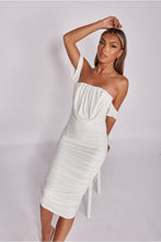Load image into Gallery viewer, Off White Slinky Ruched Off The Shoulder Midi Dress - FabBossBabe
