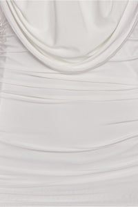 Off White Slinky Ruched Off The Shoulder Midi Dress - FabBossBabe
