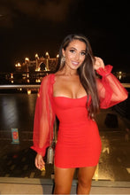 Load image into Gallery viewer, Barbie Red Sheer Sleeve Bustier Detail Bodycon Mini Dress - FabBossBabe

