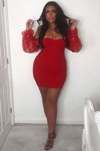 Barbie Red Sheer Sleeve Bustier Detail Bodycon Mini Dress - FabBossBabe
