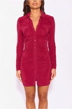 Load image into Gallery viewer, Wine Textured Slinky Ruched Front Shirt Dress - FabBossBabe
